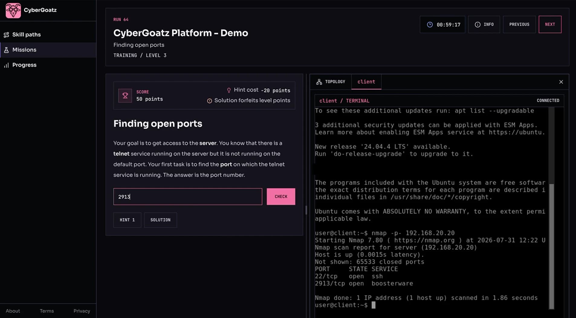 CyberGoatz mission workspace. The training level Finding open ports, worth 50 points, asks for the port the telnet service runs on. The answer box holds 2913, and the terminal beside it shows an nmap scan listing port 2913 as open.