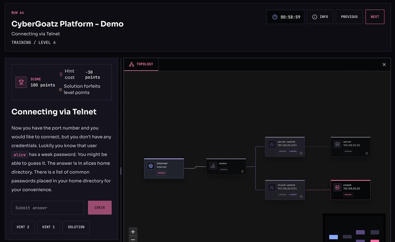 The Connecting via Telnet level next to the mission topology: an internet node and a router linked to a server subnet and a client subnet, with the client host marked as accessible.