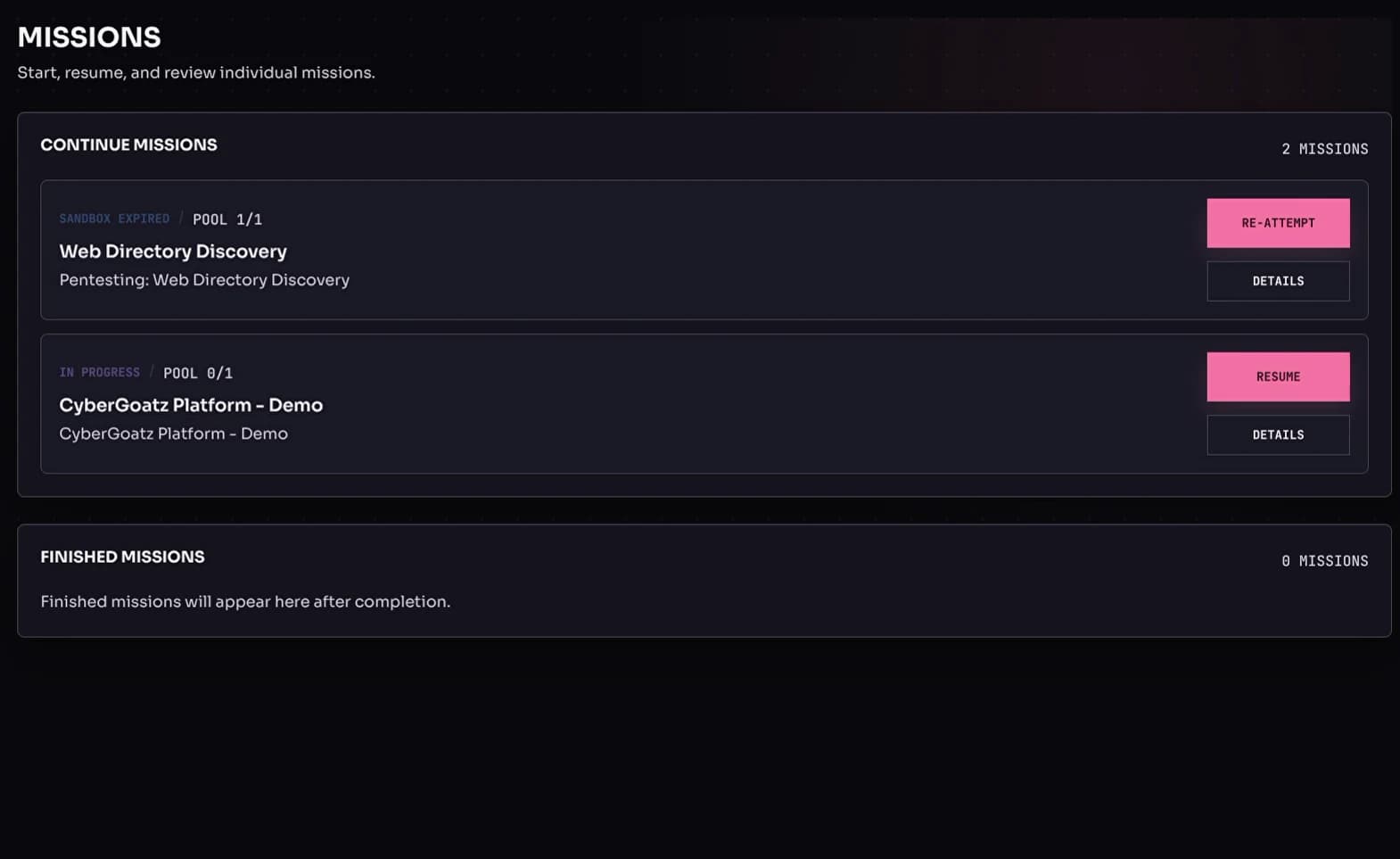 The Missions page with Web Directory Discovery ready to re-attempt, the demo mission ready to resume, and an empty finished missions list.