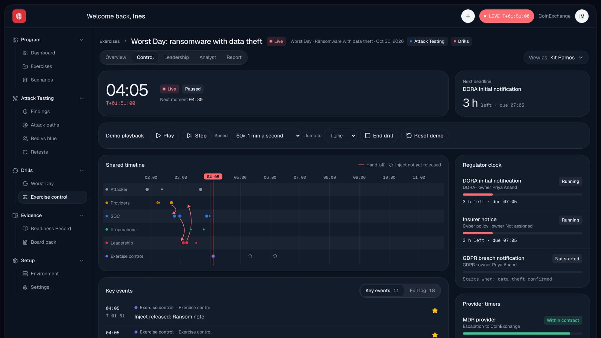 Exercise control during a Worst Day: the shared timeline with the attacker, providers, SOC, IT operations and leadership on lanes of one clock, beside the regulator clock.